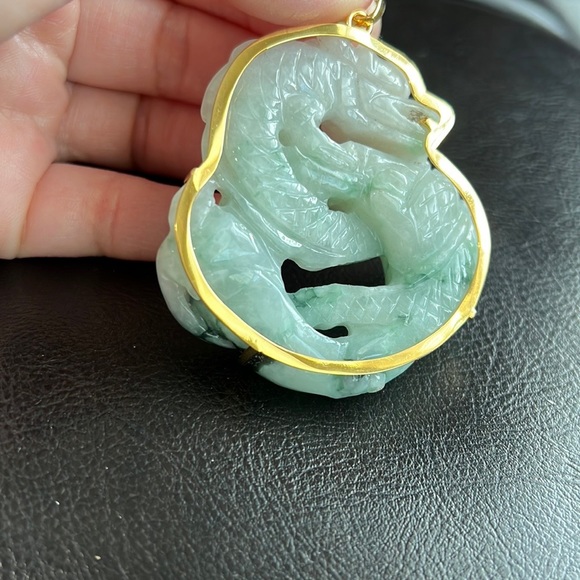 14K Real Gold Carved Dragon Natural Jade Pendant L - Picture 14 of 16